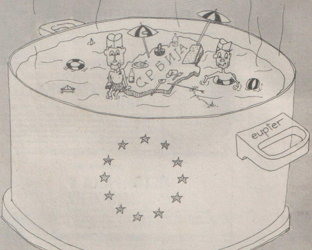 Caricature de la Serbie dans l'UE, caricature de Vojislav Ilic parue dans le magazine Pogledi en Yougoslavie en décembre 1991