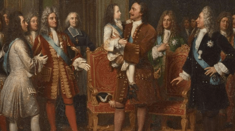 10 mai 1717 Louis XV et Pierre le Grand à l'hôtel de Lesdiguières, huile sur toile par Louise Marie Jeanne Hersent en 1838, musée national du château de Versailles.