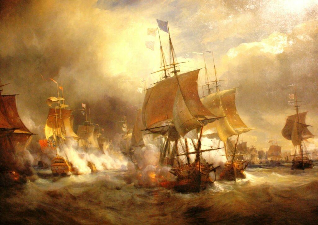 23 juillet 1778, Combat de Ouessant. L’Escadre d’Orvilliers sort de Brest et repousse la Home Fleet. Pour la première fois depuis Tourville la Marine Royale tient tête victorieusement à la Royal Navy. Tableau de Théodore Gudin (1802-1880)
