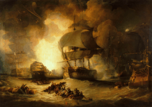 1er août 1798, L’explosion de l’Orient. Nelson détruit l’escadre française dans la rade d’Alexandrie à Aboukir, par Nil George Arnald National maritime Museum.