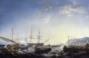 9 octobre 1799 retour d’Egypte : Bonaparte débarque à Fréjus. A bord de la frégate la Muiron il échappe encore à Nelson. Par Johan Hendrick Louis Meyer (1809-1866). Collection du château de Versailles.