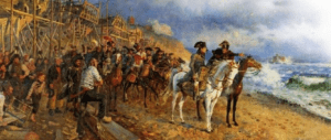 16 mai 1803, après la rupture de la paix d’Amiens, Napoléon à Boulogne face à la Manche et à l’Angleterre insaisissable. L’Armée des côtes de l’Océan se retourne contre l’Europe pour devenir la Grande Armée, par Maurice Orange (1867-1916).