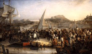 26 février 1815 : Napoléon quitte l’île d’Elbe à bord de l’Inconstant à la faveur du Sirocco et de l’absence de la croisière anglaise… Par Joseph Beaume en 1836, Musée Naval et Napoléonien d'Antibes.