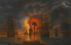 La destruction de la flotte turque à Tschesmé les 6 et 7 juillet 1770. Premier grand succès de la marine russe en Méditerranée par le peintre paysagiste allemand Jakob Philipp Hackert (1737 – 1807)