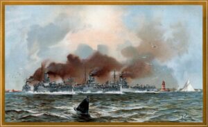 Canonnières de la Kaiserliche Marine à Kiel, en 1895. Lithographie de Willy Stöwer, peintre de Marine allemand né le 22 Mai 1864 à Wolgast en Poméranie et mort à Berlin le 31 Mai 1931.