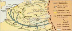 Mai 1940 : Le plan Manstein, un « coup de faucille » pour cisailler les arrières de l’armée française. Les Allemands passent par les Ardennes. Après avoir percé à Sedan, ils foncent vers la Manche sans s’occuper de Paris pour déborder le gros de l’armée française et de l’armée anglaise en Belgique qui se trouvent bientôt encerclées dans la poche de Dunkerque.