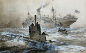 Arraisonnement puis destruction d’un navire marchand britannique par l’U-21 du commandant Otto Hersing au large de Liverpool, Première Guerre mondiale, 30 janvier 1915, lithographie de Willy Stöwer