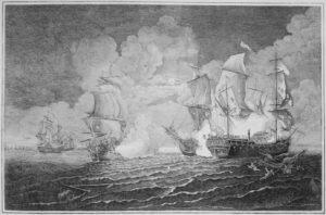 Le combat du Bonhomme Richard du capitaine américain Paul Jones contre la Sérapis du capitaine anglais Pearson, le 22 juillet 1779 (Gravure de Richard Paton, 1780)
